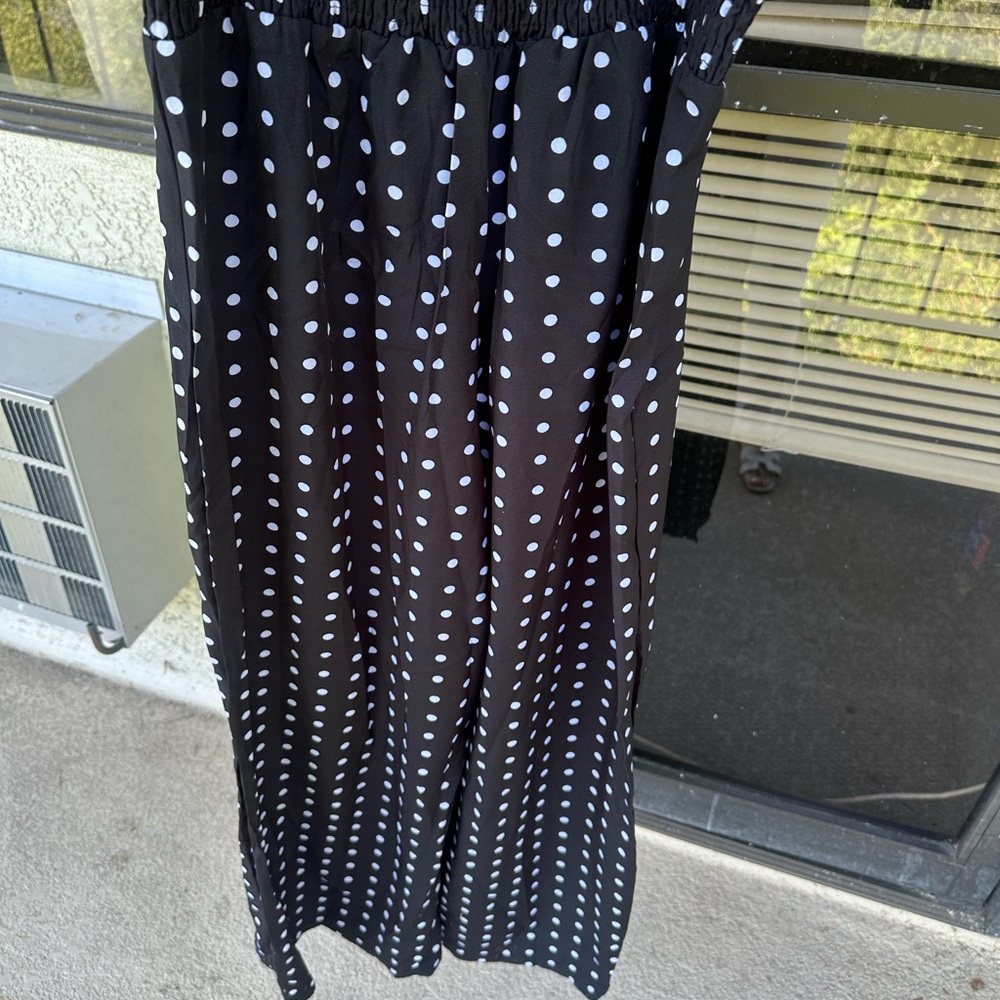 Black White Polka Dot Wide Leg Pants – High Waist Smocked Waistband - Picture 4 of 10